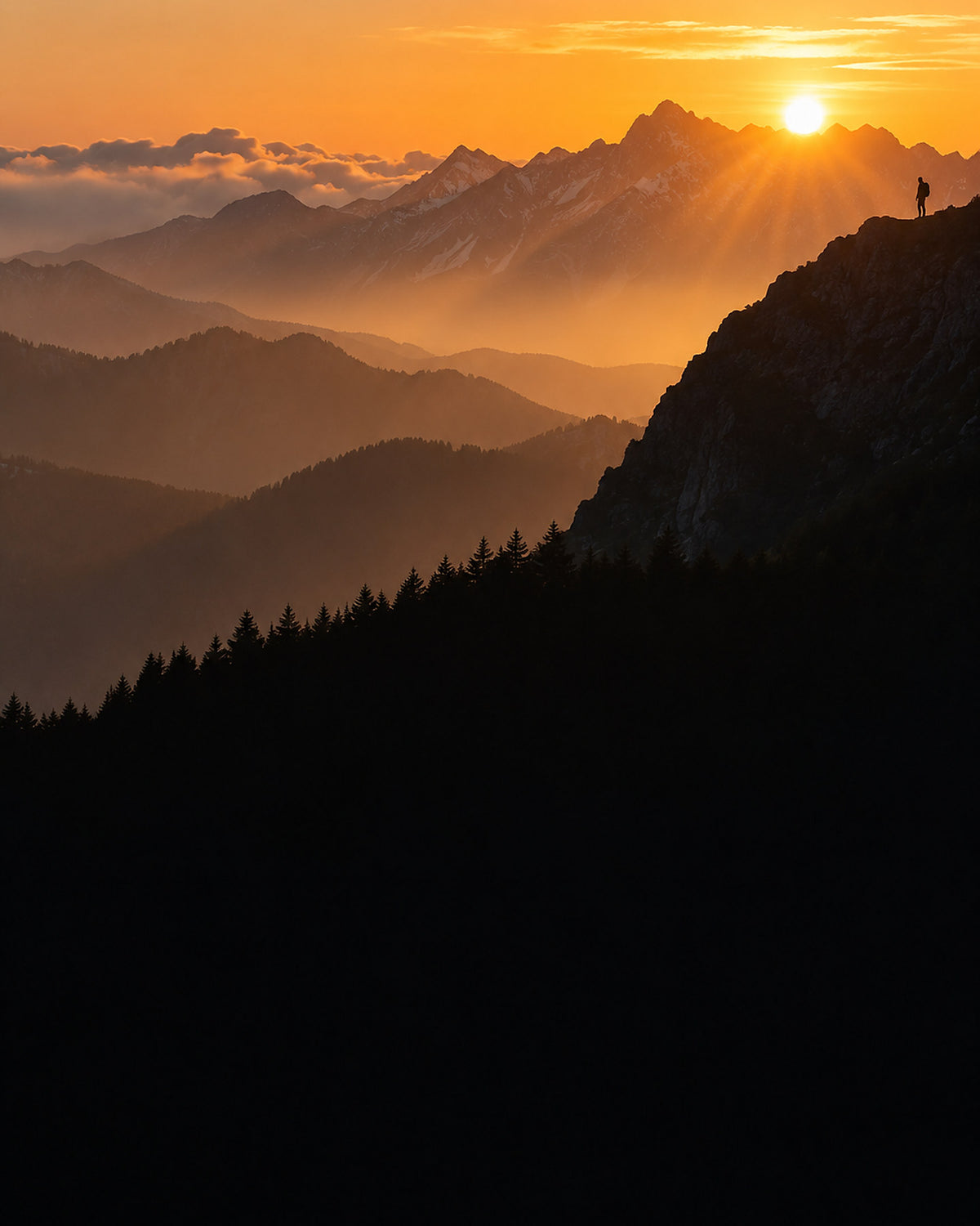 Outdoor Hikers mobile hero, Japanese alpine ridgeline at golden hour with a distant hiker in silhouette